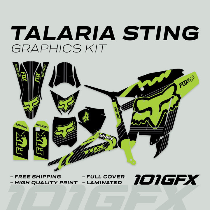 Talaria Sting MX3 MX4 Graphics Kit FOX STRIPES Black Green: Full-coverage decal set with Ready to Race text, Fox Racing logos, promoting style and protection.
