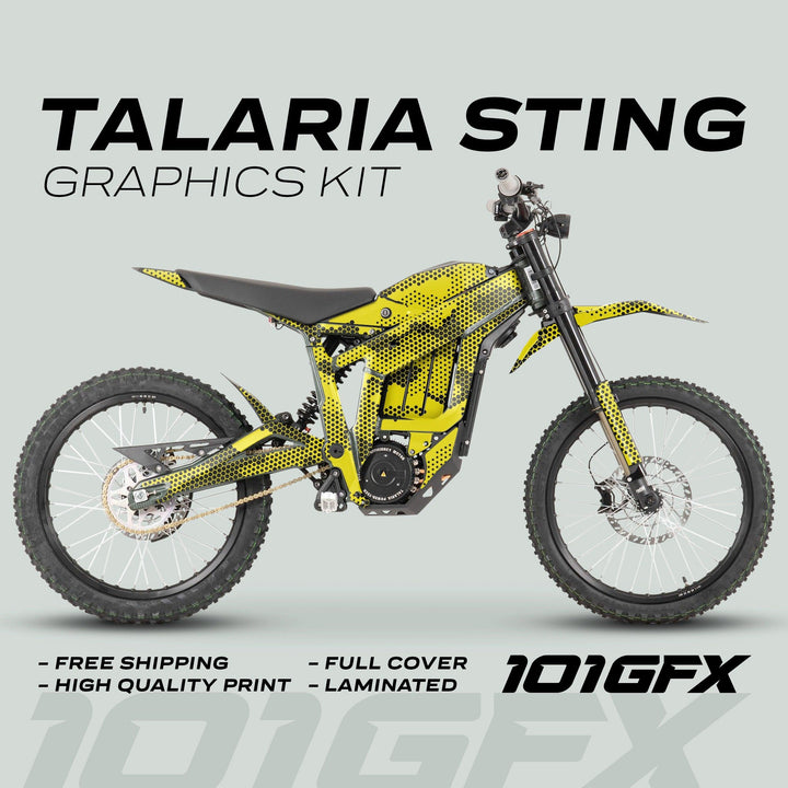 Talaria Sting MX3 MX4 Graphics Kit HEXOCAM Yellow on an off-road bike, showcasing full coverage, vibrant design, durability, and easy installation with highlighted features like free shipping.