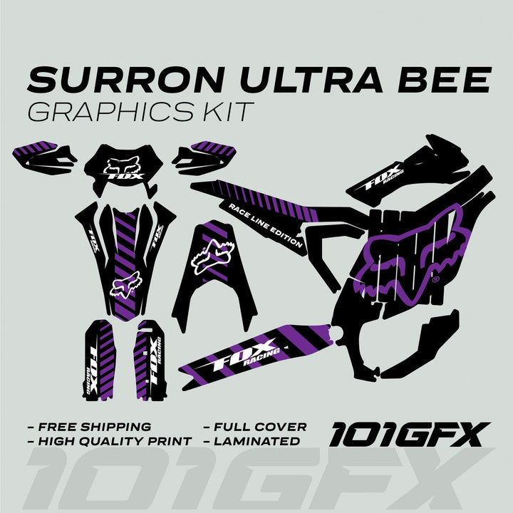 Surron Ultra Bee Graphics Kit FOX RACE LINE Black Purple, featuring black-and-purple diagonal stripes with white Fox Racing logos, includes all decal pieces for full bike coverage.