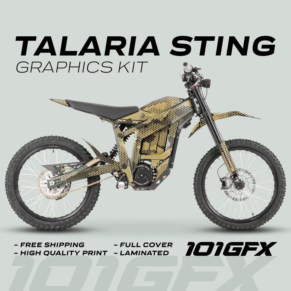 Talaria Sting MX3 MX4 Graphics Kit HEXOCAM Sand on electric dirt-bike, showcasing gold-and-black halftone decals with Free Shipping and High Quality Print highlights.