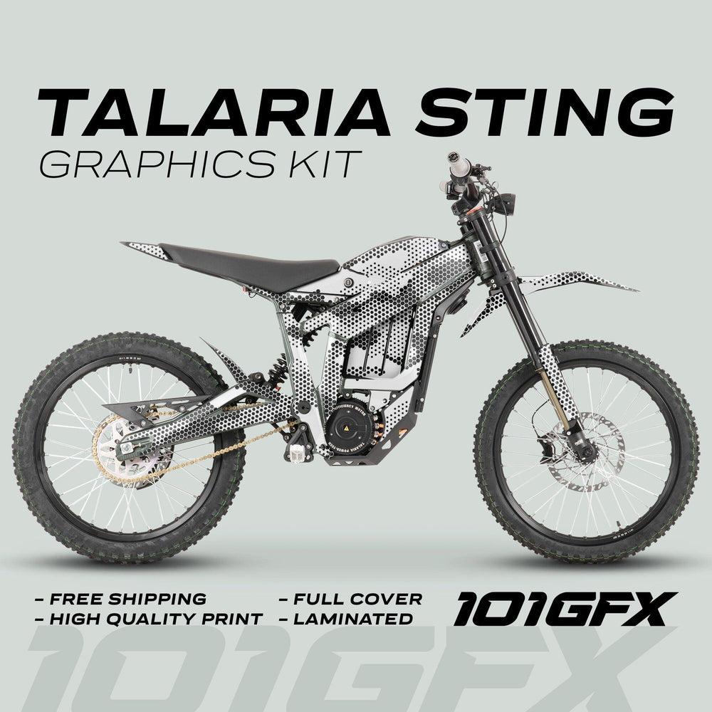 Talaria Sting MX3 MX4 Graphics Kit HEXOCAM White on electric dirt bike, featuring black-and-white halftone design, highlighting durability and easy installation. Includes key features and 101GFX logo.