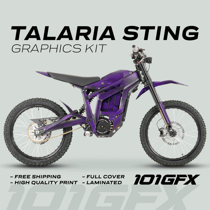 Talaria Sting MX3 MX4 Graphics Kit HEXOCAM Purple on display, featuring a purple dotted-gradient wrap by 101GFX, highlighting full-cover, durable, and stylish decals.