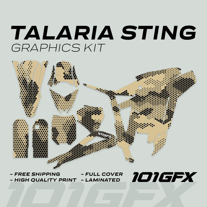 Talaria Sting MX3 MX4 Graphics Kit HEXOCAM Sand, featuring gold-black halftone decals for fenders, plates, and covers; enhances vehicle aesthetics with durable, full-coverage design.
