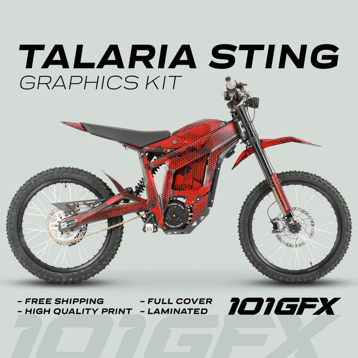 Talaria Sting MX3 MX4 Graphics Kit HEXOCAM Red in honeycomb design, highlighting benefits like free shipping and durability, with 101GFX logo visible.