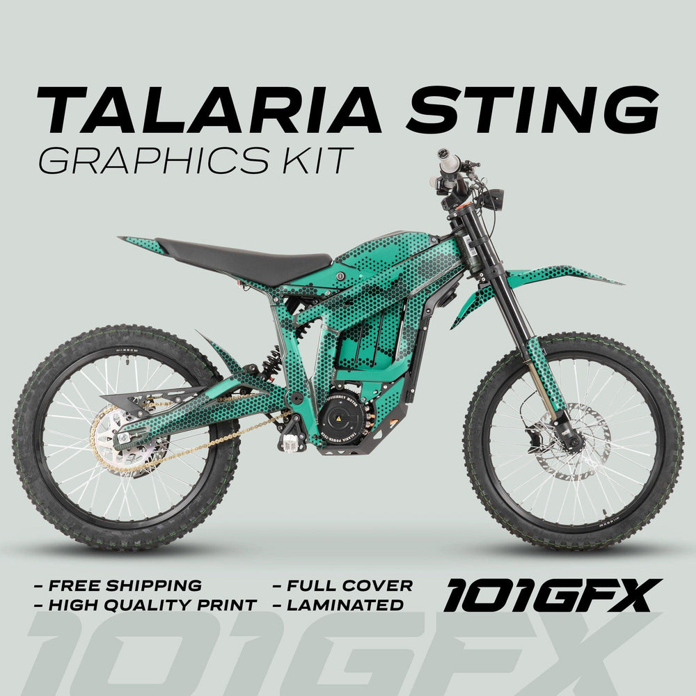 Talaria Sting MX3 MX4 Graphics Kit HEXOCAM Mint, featuring a teal-and-black dotted design for the frame, fork guards, swingarm, and fenders, highlighted by “Free shipping” and “High quality print.”