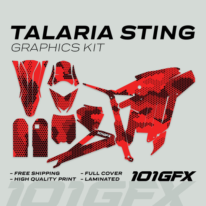 Talaria Sting MX3 MX4 Graphics Kit HEXOCAM Red, featuring red-and-black hex-patterned decals for full coverage, high-quality print, and easy application, enhancing style and protection.