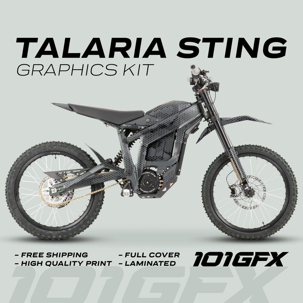 Talaria Sting MX3 MX4 Graphics Kit HEXOCAM Grey on dirt-bike, featuring black honeycomb decals. Highlights include full coverage, laminated finish, and free shipping.