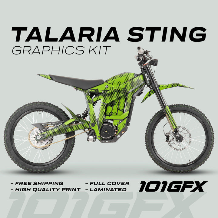 Talaria Sting MX3 MX4 Graphics Kit HEXOCAM Green on off-road bike; features include free shipping, high-quality print, full cover, laminated for durability.