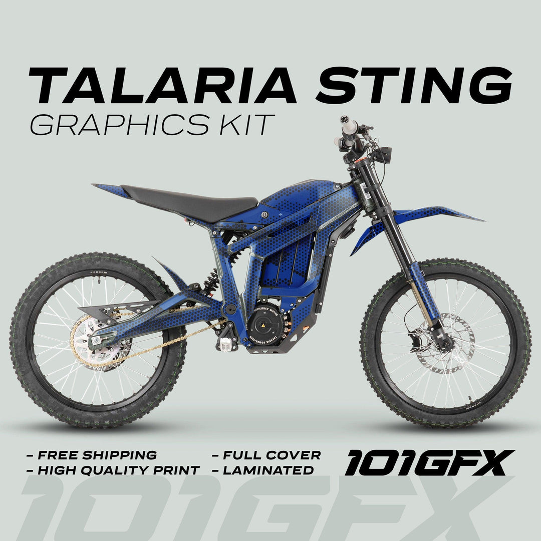 Talaria Sting MX3 MX4 Graphics Kit HEXOCAM Blue on bike, showcasing full frame coverage with blue dot pattern; features free shipping, high-quality print, full cover, laminated finish.