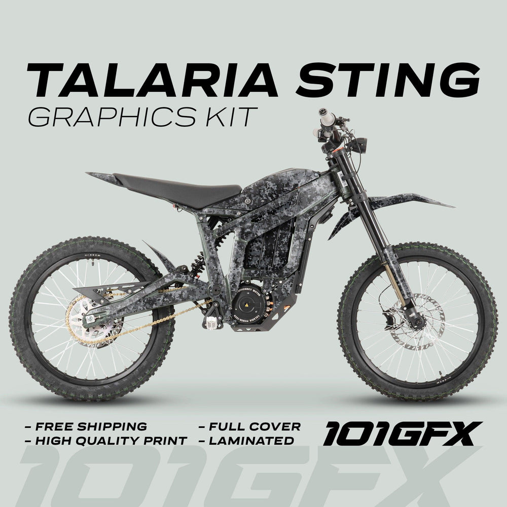 Talaria Sting MX3 MX4 Graphics Kit SQUARE TEK Grey on electric bike, showcasing digital-camo decals. Features: free shipping, full cover, high-quality, laminated. 101GFX logo visible.
