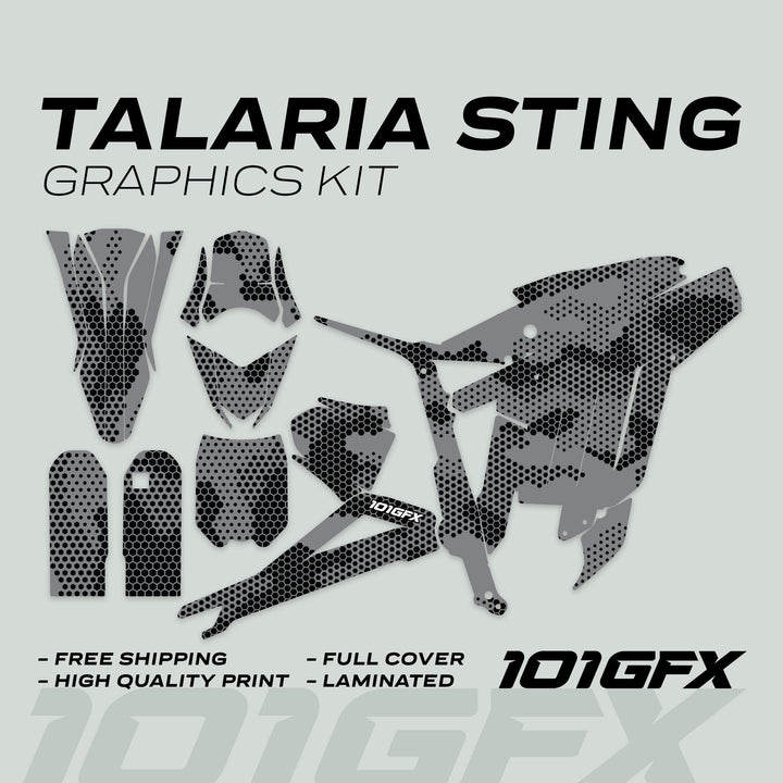 Talaria Sting MX3 MX4 Graphics Kit HEXOCAM Grey decals with honeycomb pattern, showcasing die-cut pieces for various bike parts, featuring durability and easy application.