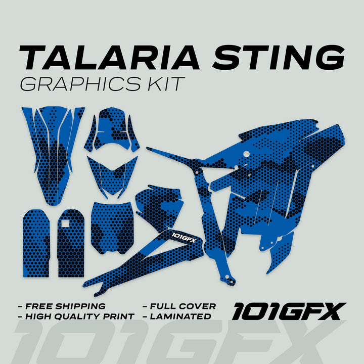 Talaria Sting MX3 MX4 Graphics Kit HEXOCAM Blue displayed with blue-black honeycomb decals, highlighting features like full cover, laminated, high-quality print, and easy application.