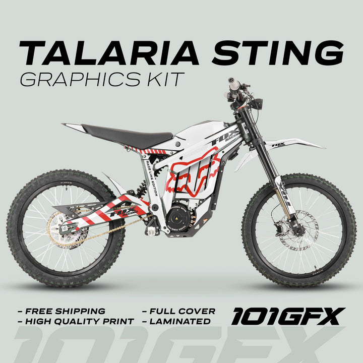 Talaria Sting MX3 MX4 Graphics Kit featuring FOX Raceline White Red design on an electric off-road motorcycle with highlights of durability, easy installation, and vibrant aesthetics.