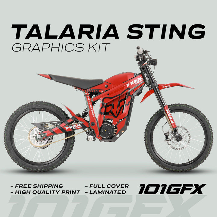 Talaria Sting MX3 MX4 Graphics Kit FOX Raceline Red Black on a red dirt-bike, showcasing full-coverage, laminated decals with free shipping and high-quality print features.