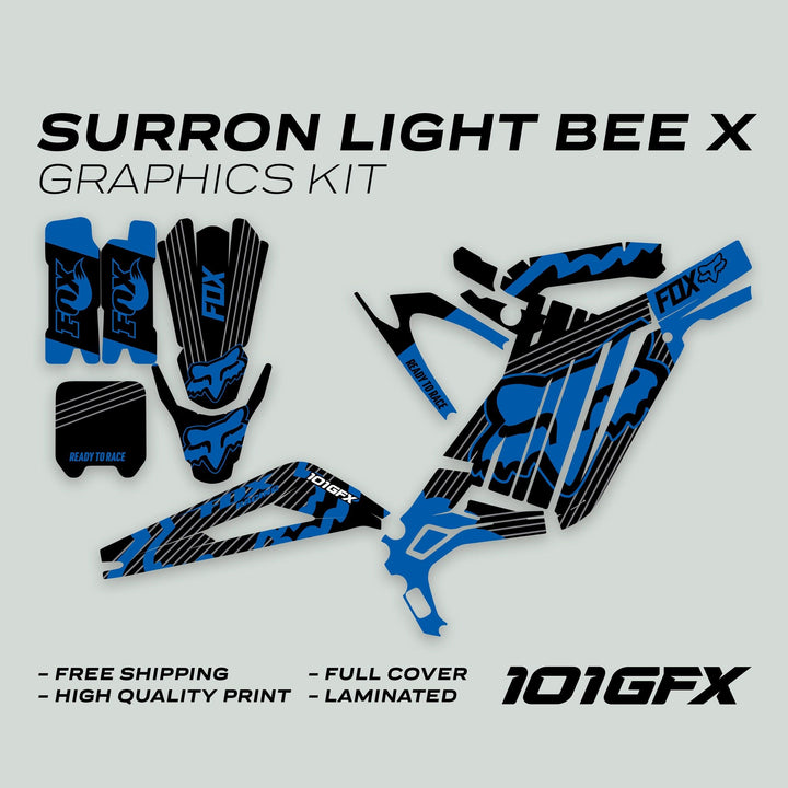 Surron Light Bee X Graphics Kit FOX STRIPES BLACK Blue shown with individual vinyl decals including FOX logos and Ready to Race slogan, highlighting features like durability and easy application.