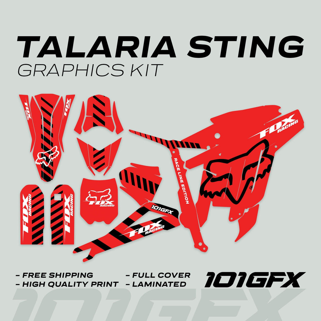 Talaria Sting MX3 MX4 Graphics Kit FOX Raceline Red Black decals displayed; includes fork guards, shrouds, swingarm strips, number-plates with Fox Racing logos and quality call-outs.