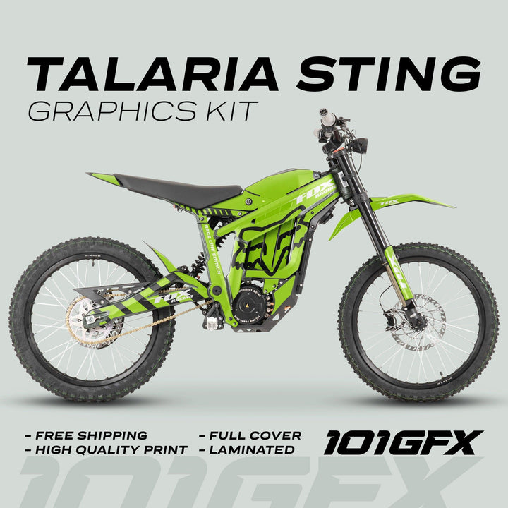 The image shows a Talaria Sting MX3 MX4 with the FOX Raceline Green Black graphics kit, highlighting its vibrant decals and promotional details for easy installation and free shipping.