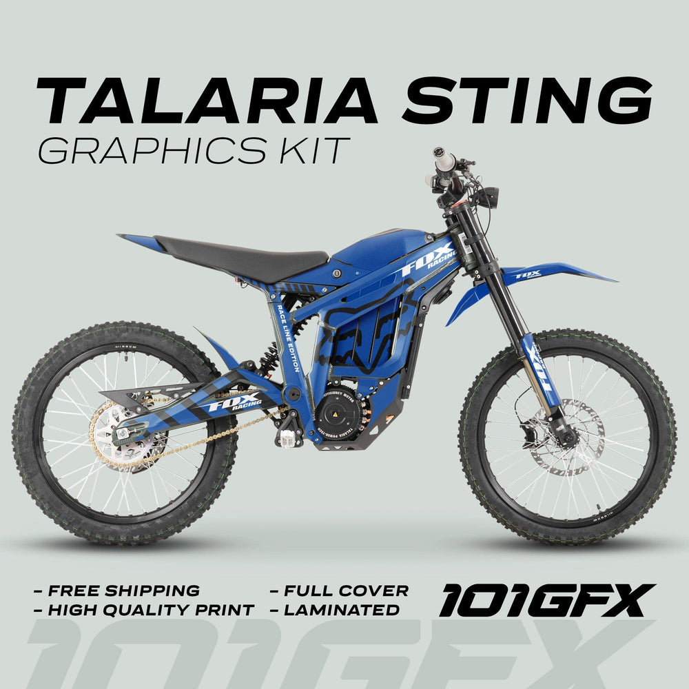Talaria Sting MX3 MX4 Graphics Kit FOX Raceline Blue Black on blue off-road electric motorcycle, showcasing Fox Racing–style decals, promoting quality, free shipping, and durability.