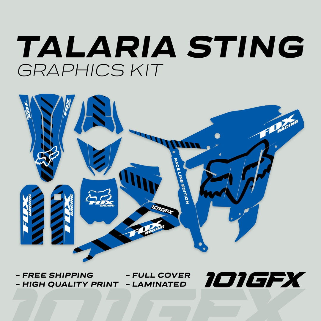 Talaria Sting MX3 MX4 Graphics Kit FOX Raceline Blue Black, includes vinyl pieces for full motorcycle coverage, featuring a high-quality, glossy finish for Talaria Sting models.