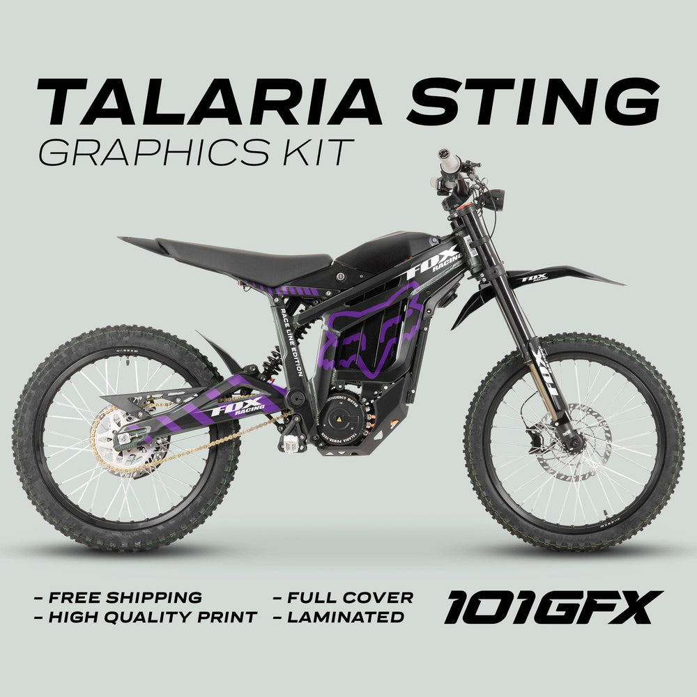 Talaria Sting MX3 MX4 Graphics Kit FOX Raceline Black Purple on bike, featuring black-purple Fox decals with promotional highlights: free shipping, high-quality print, full cover, laminated.