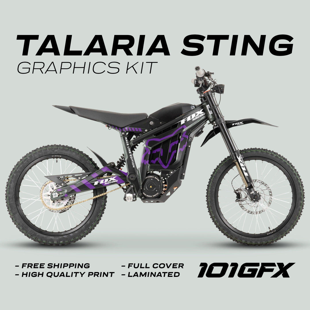 Talaria Sting MX3 MX4 Graphics Kit FOX Raceline Black Purple on bike, featuring black-purple Fox decals with promotional highlights: free shipping, high-quality print, full cover, laminated.