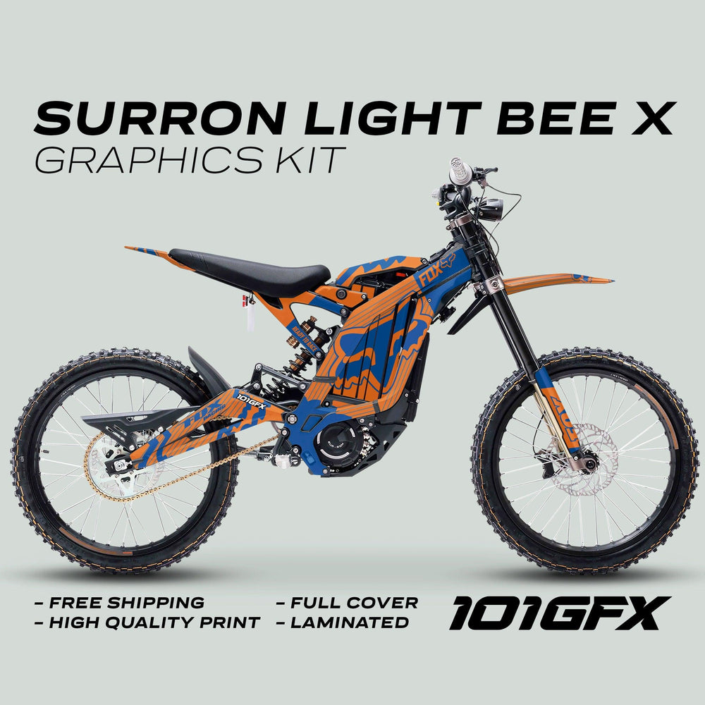 Surron Light Bee X Graphics Kit FOX STRIPES ORANGE Blue on bike; features include full cover, high-quality print, laminated finish, and free shipping.