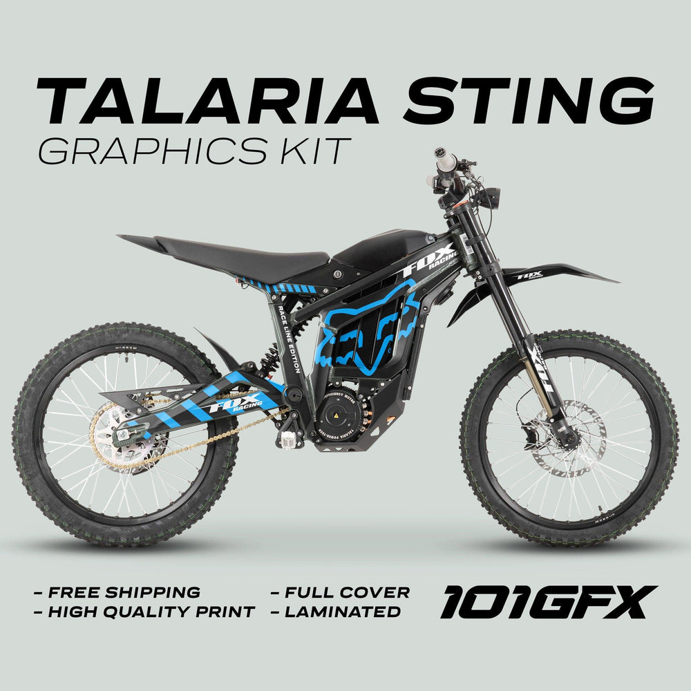 Talaria Sting MX3 MX4 Graphics Kit FOX Raceline Black Blue on a bike with decals, highlighting its high-quality, full-cover design, free shipping, and durability.