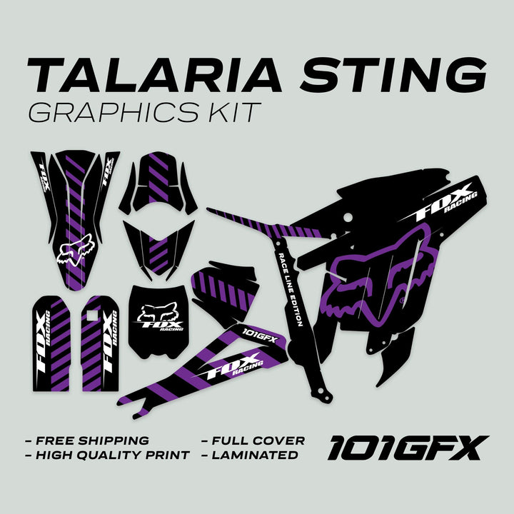 Talaria Sting MX3 MX4 Graphics Kit in Fox Raceline design, featuring black-purple decals for e-bike parts like fender, fork, swingarm; includes free shipping, laminated high-quality print.