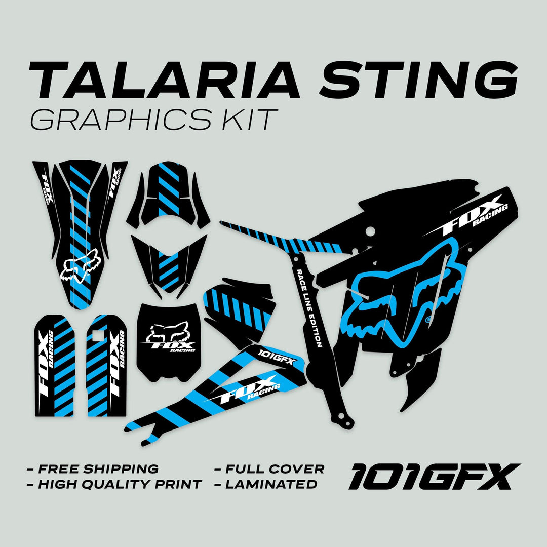 Talaria Sting MX3 MX4 Graphics Kit FOX Raceline Black Blue with bold blue stripes, Fox logos, full coverage decals, and high-quality laminated finish.