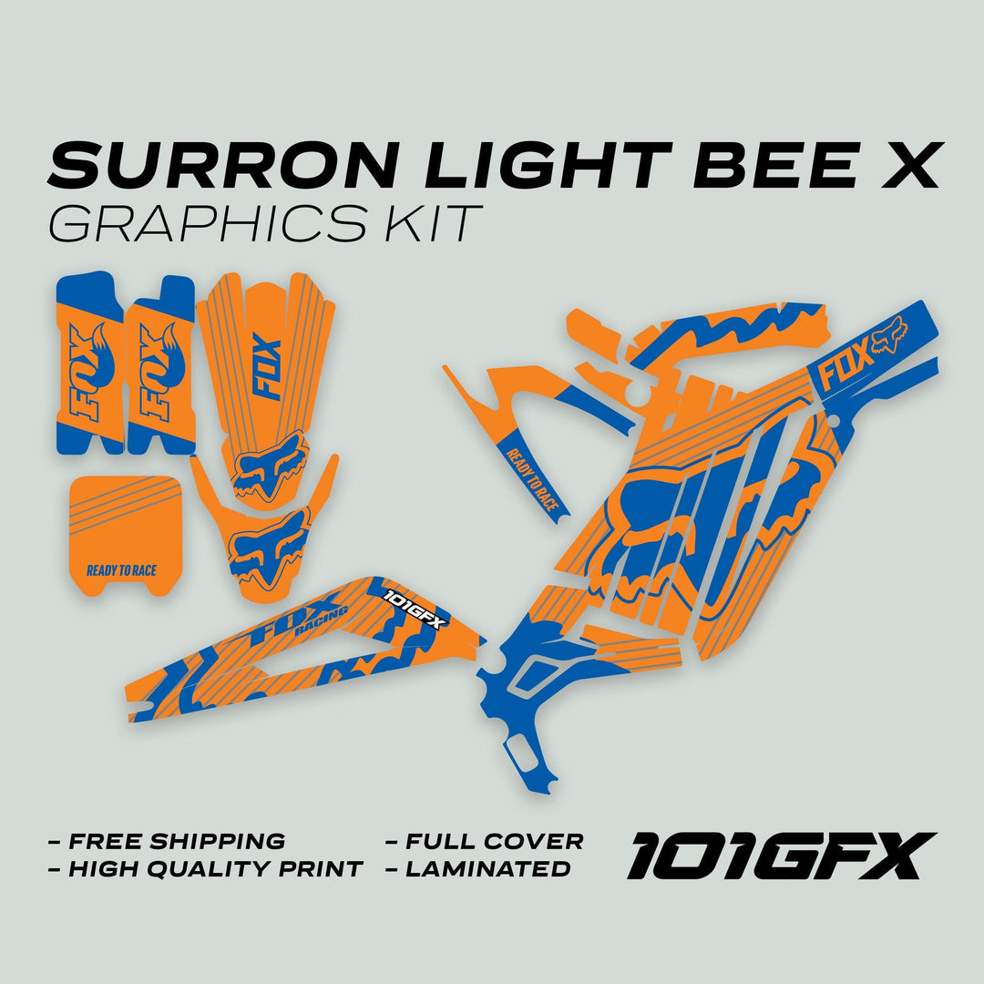 Surron Light Bee X Graphics Kit FOX STRIPES ORANGE Blue shown with die-cut decal pieces, highlighting FREE SHIPPING, HIGH QUALITY PRINT, FULL COVER, and LAMINATED features.