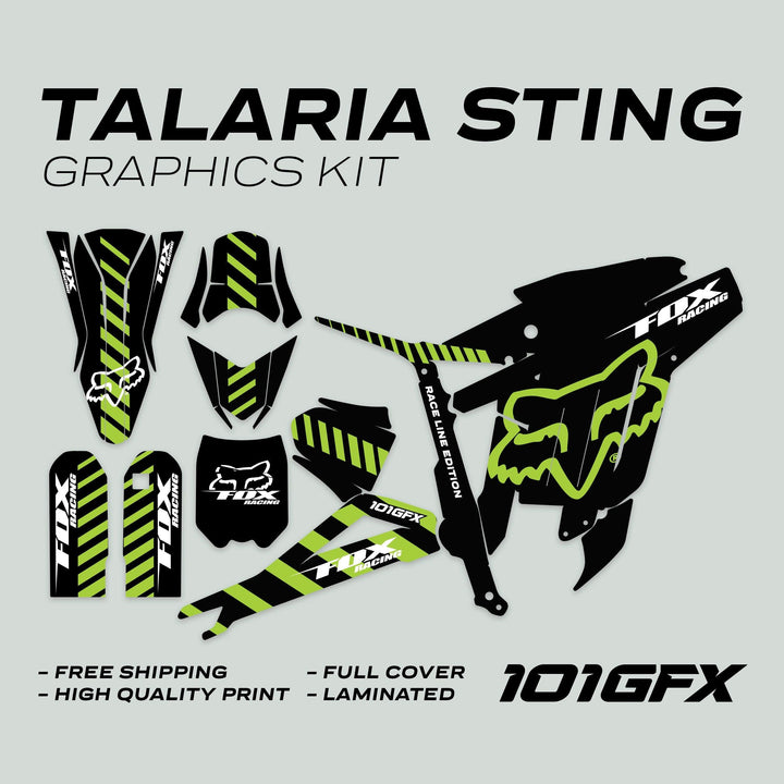Talaria Sting MX3 MX4 Graphics Kit FOX Raceline Black Green, featuring black decals with green diagonal stripes and Fox Racing logos, highlights free shipping and high-quality print.