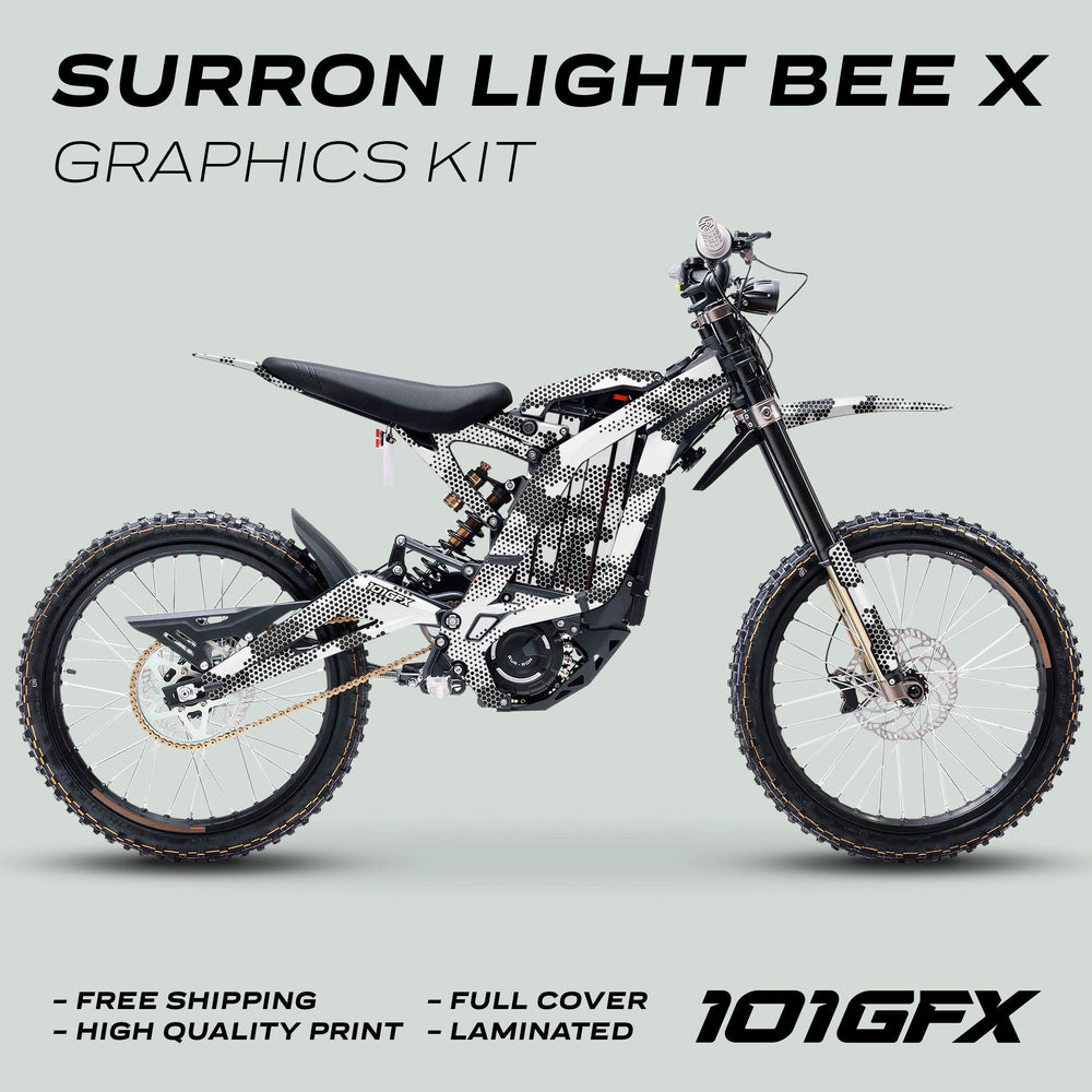 Surron Light Bee X Graphics Kit HEXOCAM White on electric off-road bike with dotted pattern decal, promoting free shipping, high-quality print, full cover, and laminated finish.