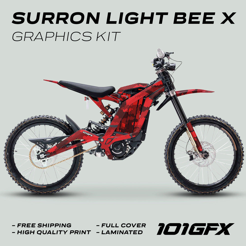 Surron Light Bee X Graphics Kit HEXOCAM Red on bike; red-and-black wrap covers frame, fork guards, fenders, highlighting features like durability, precision fit, and easy application.