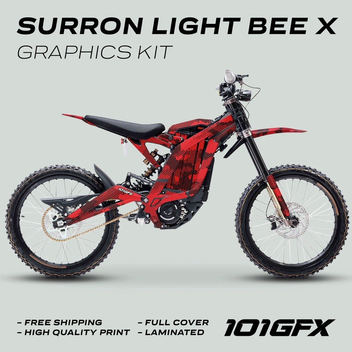 Surron Light Bee X Graphics Kit HEXOCAM Red on bike; red-and-black wrap covers frame, fork guards, fenders, highlighting features like durability, precision fit, and easy application.