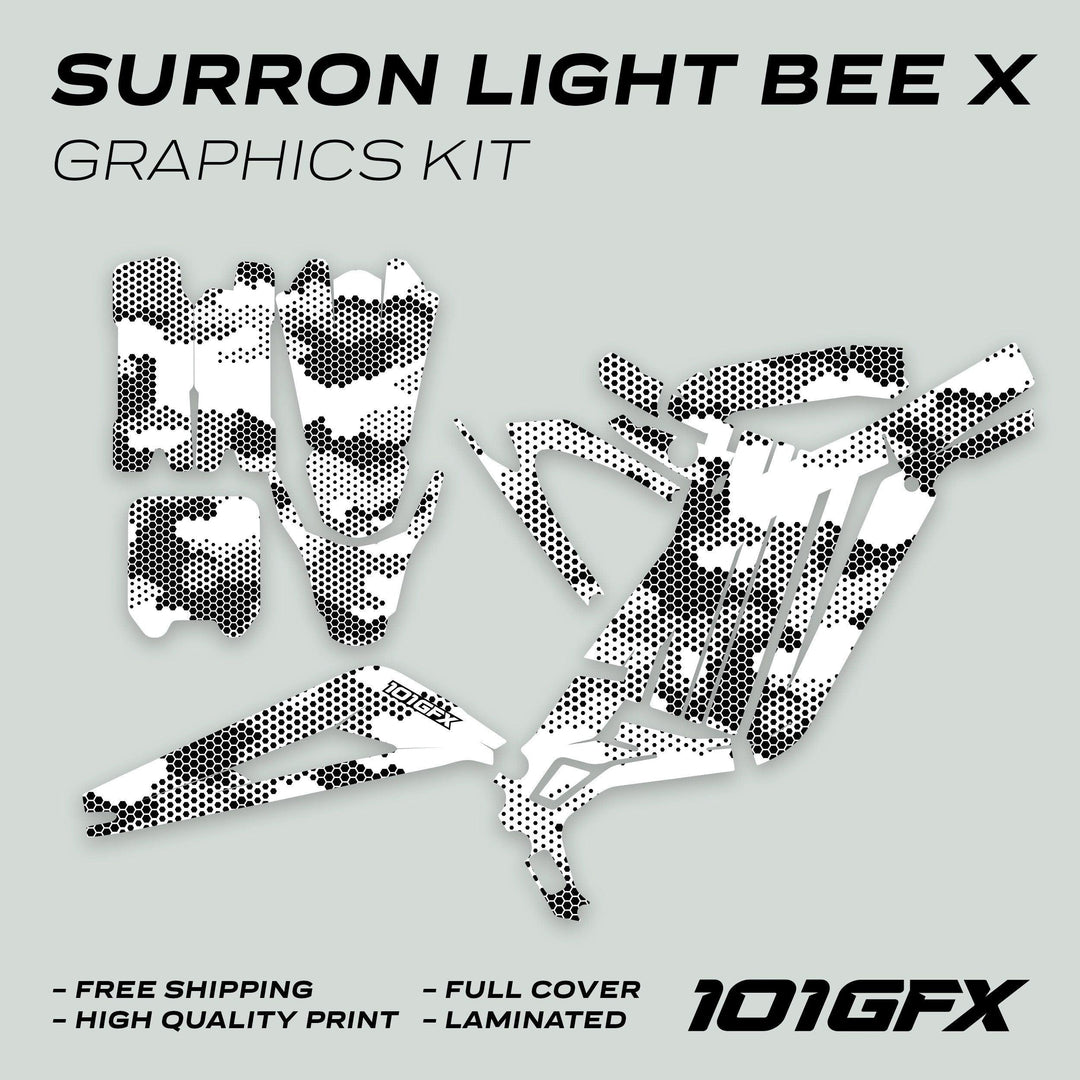 Surron Light Bee X Graphics Kit HEXOCAM White: Die-cut vinyl decals in a hex-dot camo pattern, includes tank shrouds, side panels, and fork guards.