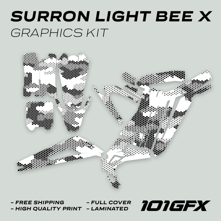 Surron Light Bee X Graphics Kit HEXOCAM White: Die-cut vinyl decals in a hex-dot camo pattern, includes tank shrouds, side panels, and fork guards.