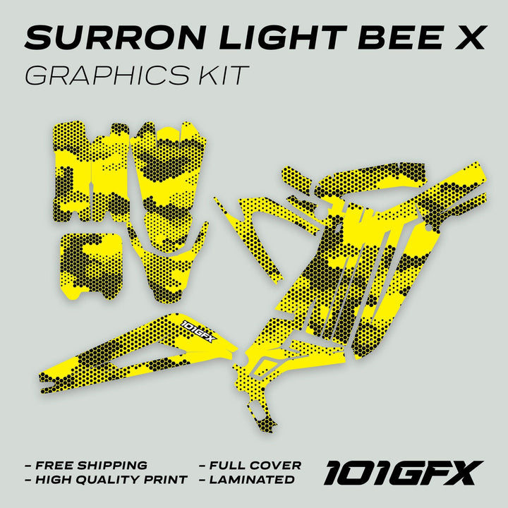 Surron Light Bee X Graphics Kit HEXOCAM Yellow decals displayed, featuring honeycomb patterns, full coverage, high-quality print, laminated finish, and free shipping highlight.