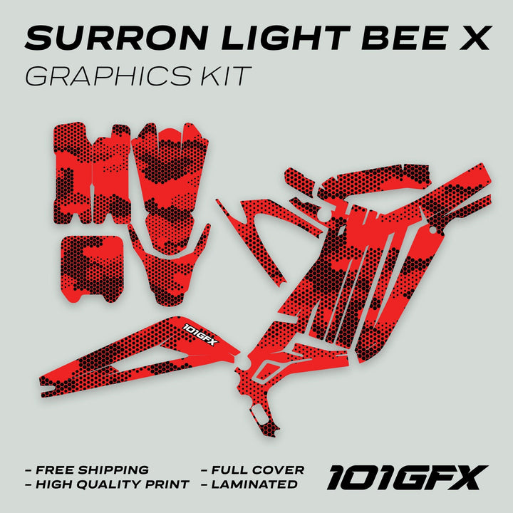 Surron Light Bee X Graphics Kit HEXOCAM Red mock-up displaying red-black hex-patterned vinyl pieces, highlighting full coverage and durability for easy bike customization. 