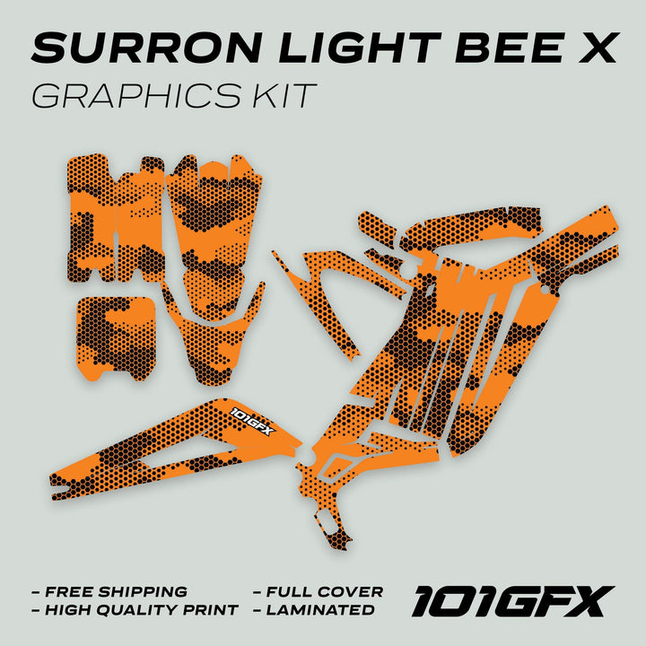 Surron Light Bee X Graphics Kit HEXOCAM Orange with orange-black dotted vinyl pieces, highlighting free shipping, high-quality print, full cover, and laminated features.