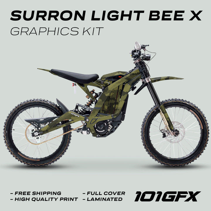 Surron Light Bee X Graphics Kit HEXOCAM Olive on bike; features include free shipping, high-quality print, full cover, laminated, with 101GFX branding.
