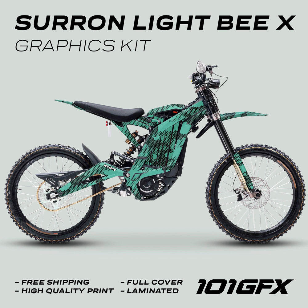 Surron Light Bee X Graphics Kit HEXOCAM Mint on bike, featuring green and black dots. Highlights: free shipping, high-quality print, full cover, laminated. 101GFX logo visible.