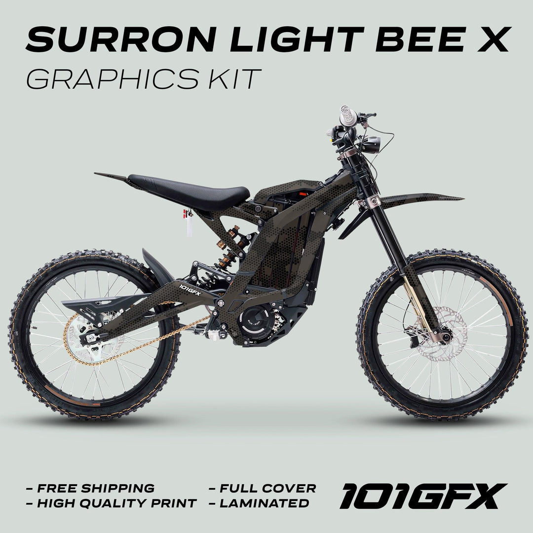 Surron Light Bee X Graphics Kit HEXOCAM Brown on e-dirtbike, featuring full-cover, carbon-style decals, highlighting Free Shipping, High Quality Print, and Laminated benefits.
