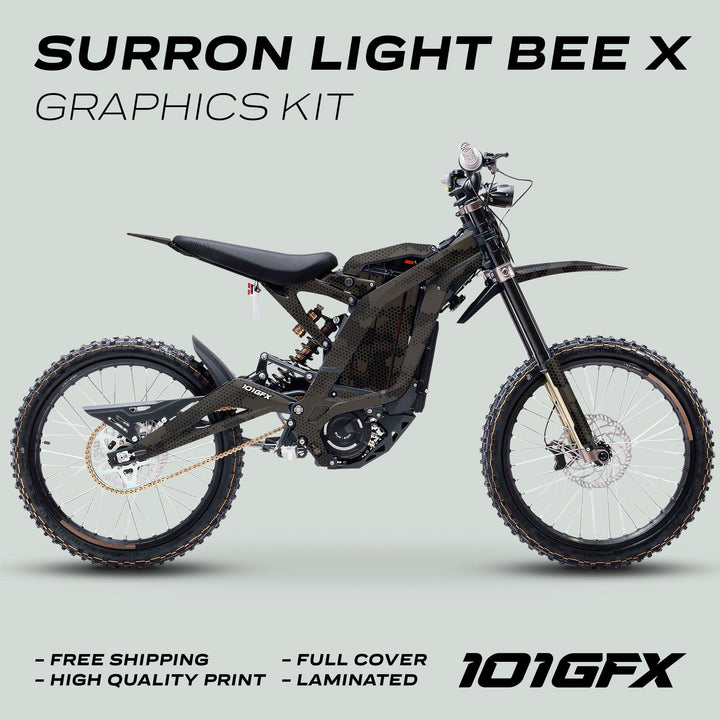 Surron Light Bee X Graphics Kit HEXOCAM Brown on e-dirtbike, featuring full-cover, carbon-style decals, highlighting Free Shipping, High Quality Print, and Laminated benefits.