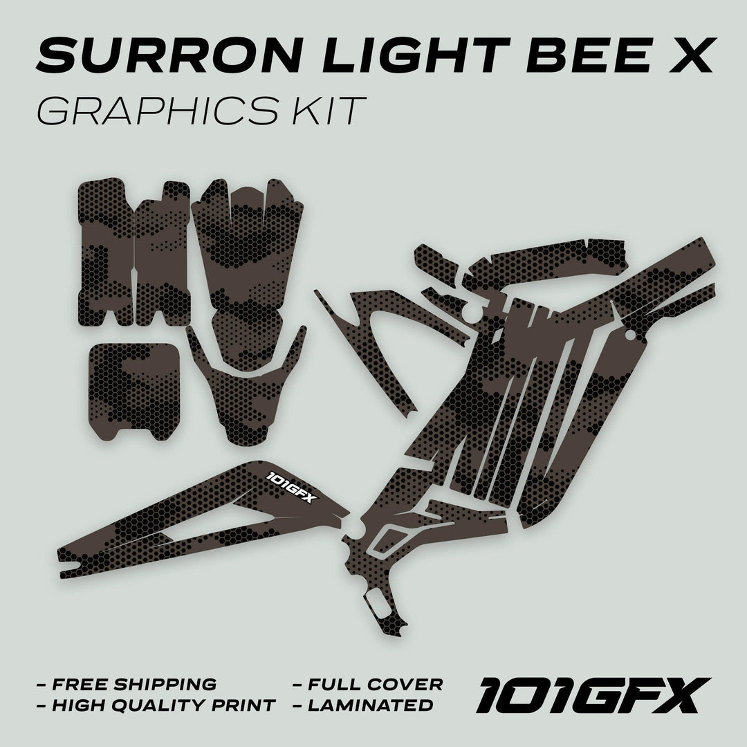 Surron Light Bee X Graphics Kit HEXOCAM Brown, showcasing die-cut decals in a honeycomb camo pattern, ready for application on bike plastics and frame.