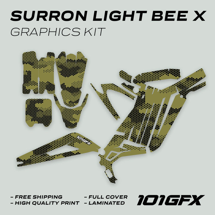 Surron Light Bee X Graphics Kit HEXOCAM Olive, showcasing pre-cut olive-black honeycomb vinyl decals for full bike coverage, emphasizing durability and style with free shipping.