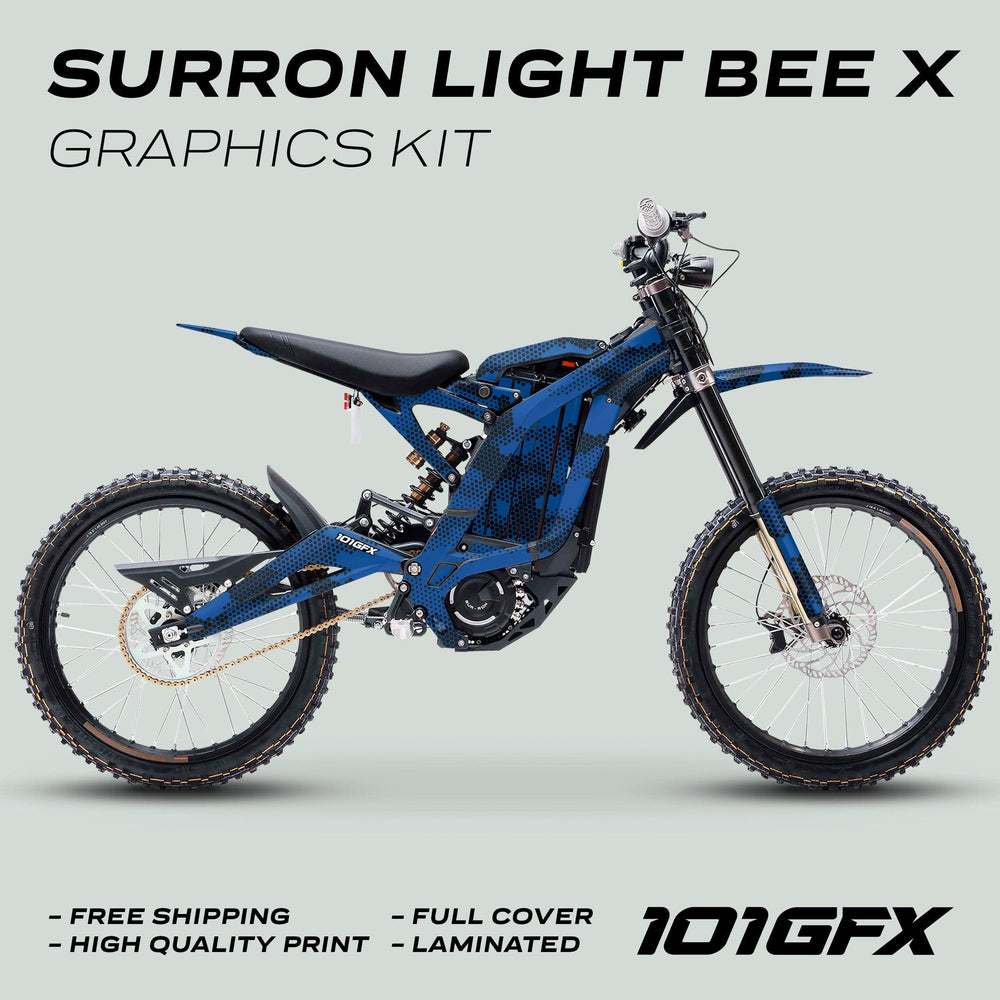 Surron Light Bee X Graphics Kit HEXOCAM Blue on bike, showing full-cover, laminated decals with promotional highlights: free shipping, high-quality print, and 101GFX branding.