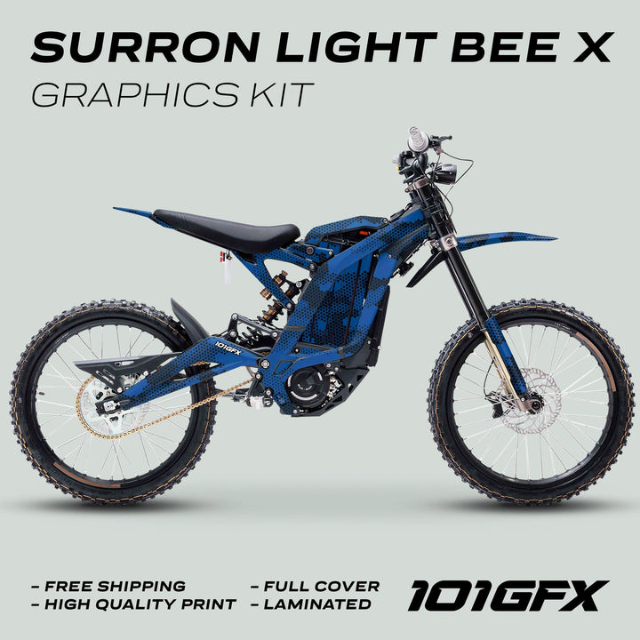 Surron Light Bee X Graphics Kit HEXOCAM Blue on bike, showing full-cover, laminated decals with promotional highlights: free shipping, high-quality print, and 101GFX branding.