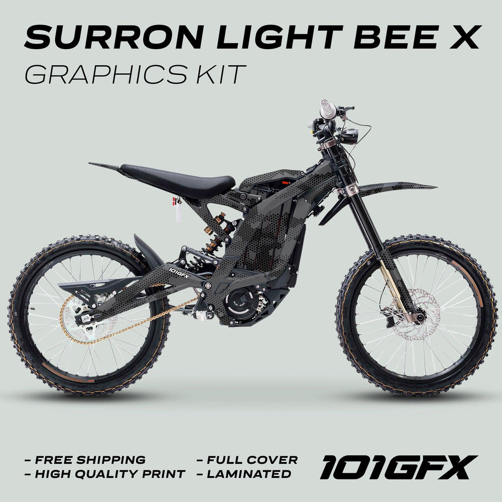 Surron Light Bee X Graphics Kit HEXOCAM Grey showcased on an electric bike, highlighting FREE SHIPPING, HIGH QUALITY PRINT, FULL COVER, and LAMINATED features with 101GFX branding.