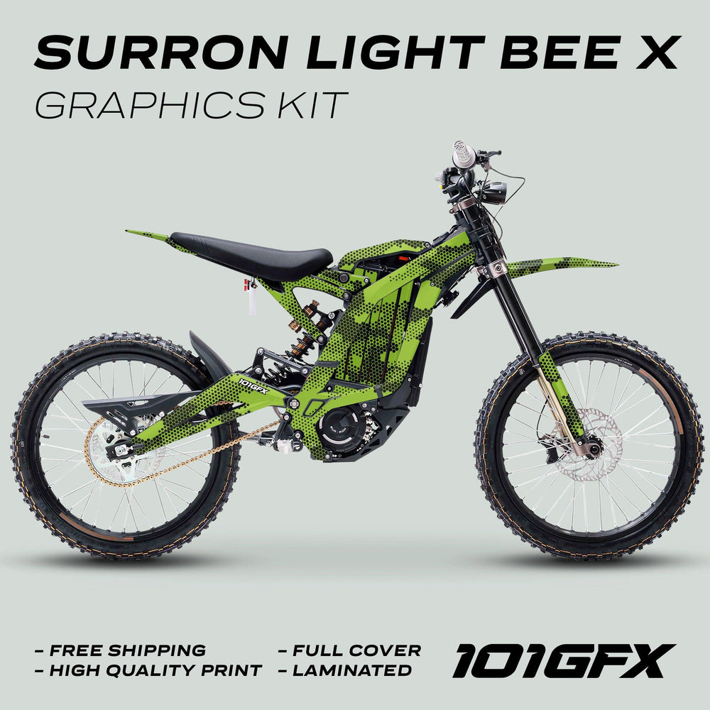 Surron Light Bee X Graphics Kit HEXOCAM Green on electric bike, showcases a green hex-patterned wrap, emphasizing durability, easy installation, and custom fit.