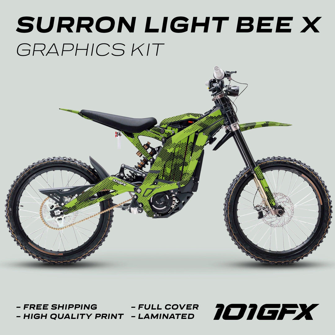 Surron Light Bee X Graphics Kit HEXOCAM Green on electric bike, showcases a green hex-patterned wrap, emphasizing durability, easy installation, and custom fit.